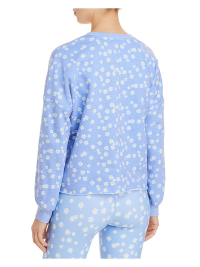 AQUA ATHLETIC Womens Blue Ribbed Front Seam Floral Long Sleeve Crew Neck Sweatshirt S