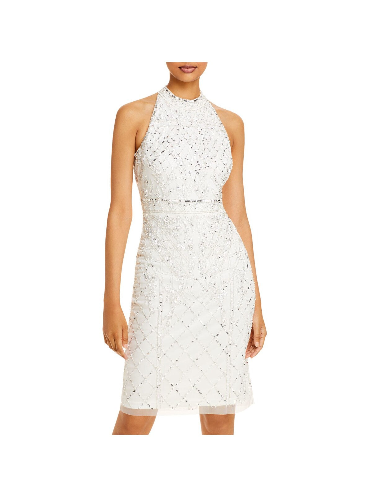 ADRIANNA PAPELL Womens White Beaded Sequined Zippered Lined Sleeveless Halter Above The Knee Formal Sheath Dress 10