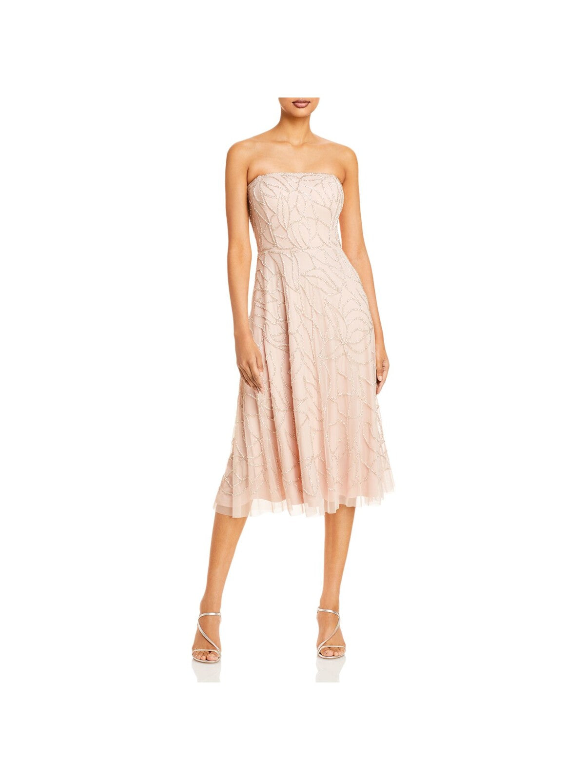 AIDAN MATTOX Womens Pink Beaded Zippered Sheer Lined Printed Sleeveless Strapless Below The Knee Cocktail Fit + Flare Dress 8