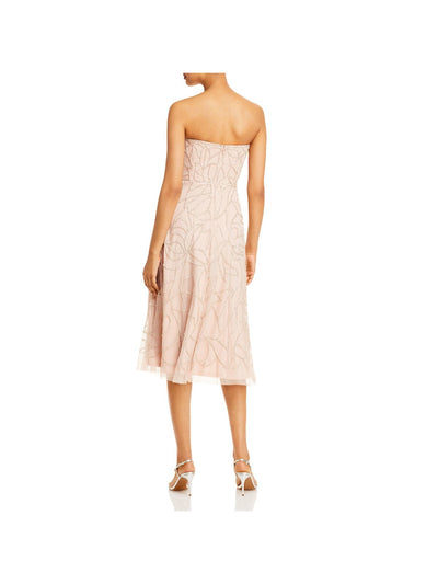 AIDAN MATTOX Womens Pink Beaded Zippered Sheer Lined Printed Sleeveless Strapless Below The Knee Cocktail Fit + Flare Dress 8