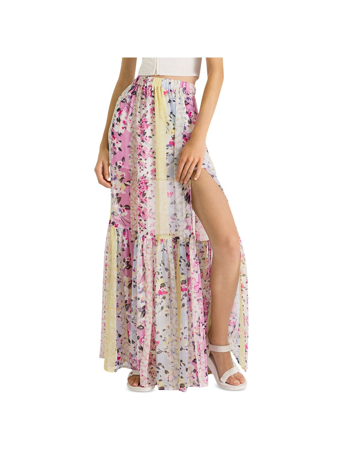 FRENCH CONNECTION Womens White Ruffled Sheer High-slit Crinkled Floral Maxi Skirt M