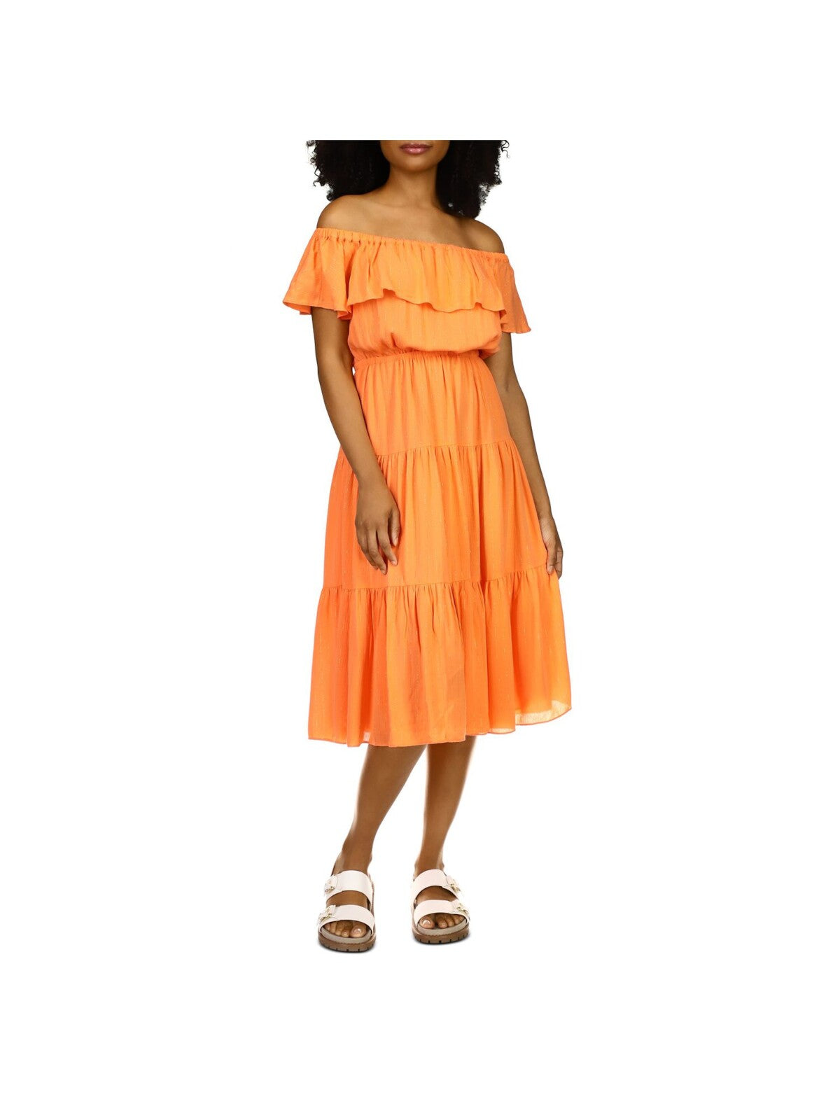 MICHAEL MICHAEL KORS Womens Orange Stretch Flutter Sleeve Off Shoulder Midi Party Peasant Dress XXS