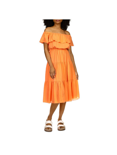 MICHAEL MICHAEL KORS Womens Orange Stretch Flutter Sleeve Off Shoulder Midi Party Peasant Dress XXS