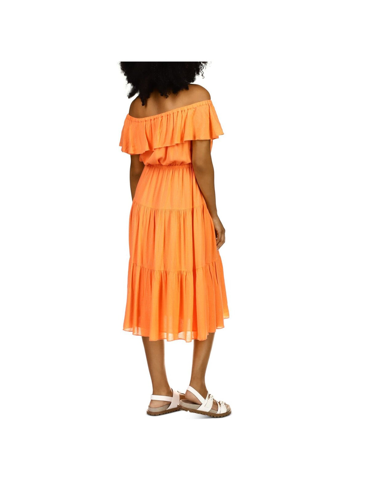 MICHAEL MICHAEL KORS Womens Orange Stretch Flutter Sleeve Off Shoulder Midi Party Peasant Dress XXS