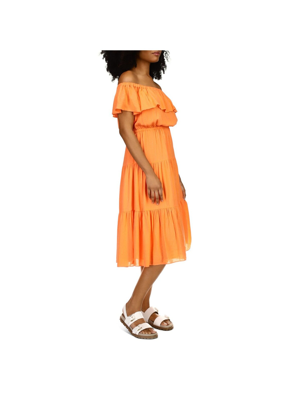 MICHAEL MICHAEL KORS Womens Orange Stretch Flutter Sleeve Off Shoulder Midi Party Peasant Dress XXS