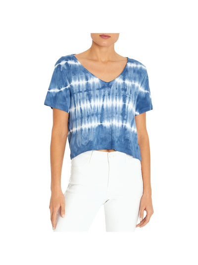 THREE DOTS Womens Blue Tie Dye Short Sleeve V Neck T-Shirt XL