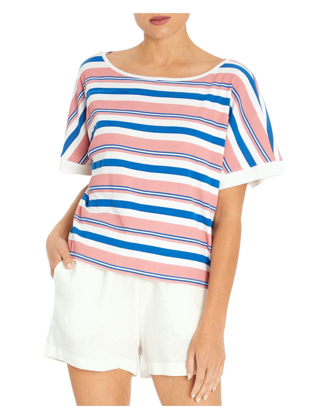 THREE DOTS Womens Pink Striped Dolman Sleeve Boat Neck Top S