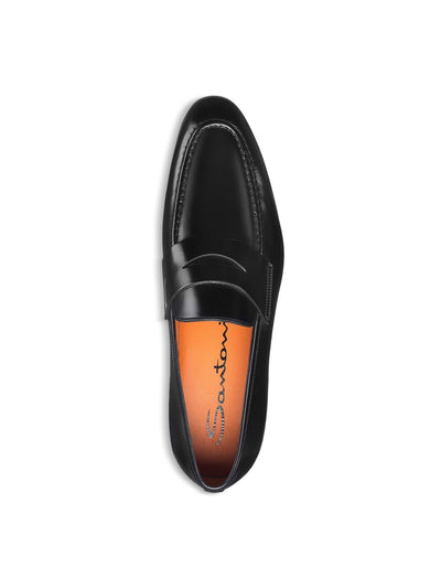 SANTONI Mens Black Penny Keeper Strap Cushioned Gavin Round Toe Block Heel Slip On Leather Dress Loafers Shoes 10.5 D