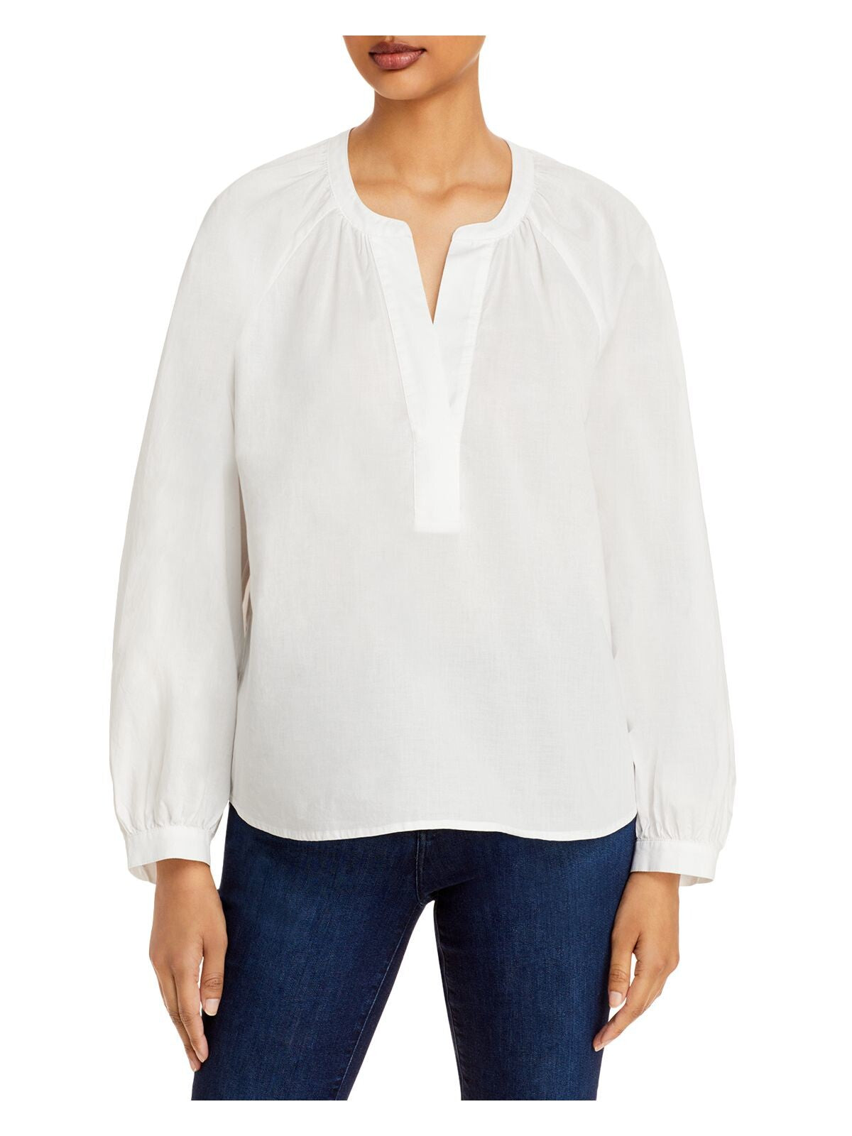 JOIE Womens White Poplin Pleated Button Pullover Cuffed Sleeve Crew Neck Top XS