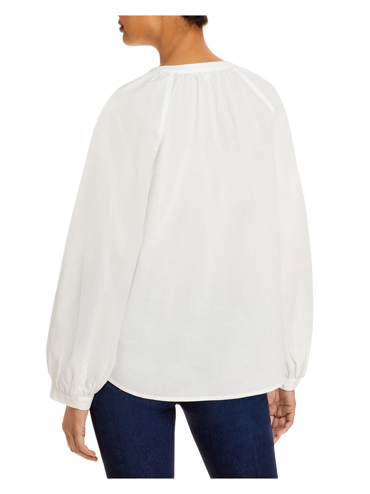 JOIE Womens White Poplin Pleated Button Pullover Cuffed Sleeve Crew Neck Top S
