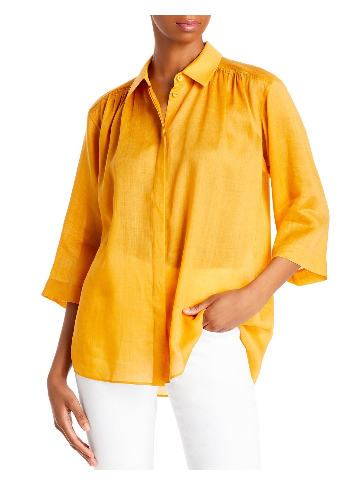 LAFAYETTE 148 NEW YORK Womens Orange 3/4 Sleeve Collared Button Up Top XS