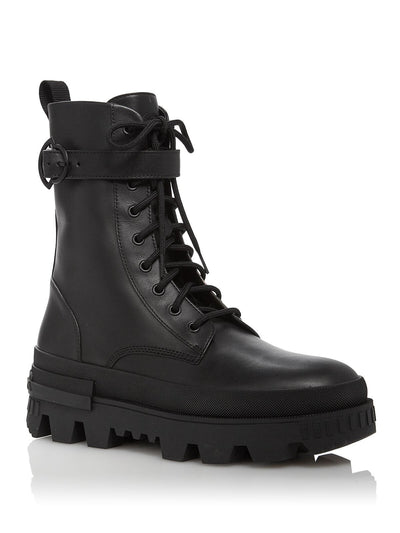 MONCLER Womens Black Logo Pull Tab Buckle Accent Lug Sole Carinne Round Toe Block Heel Lace-Up Leather Combat Boots 35