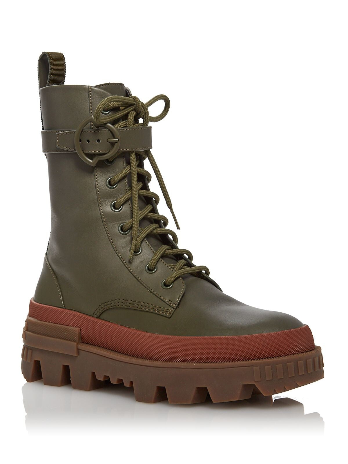 MONCLER Womens Green Pull Tab Logo 2" Platform Buckle Accent Lug Sole Carinne Round Toe Block Heel Lace-Up Leather Combat Boots 38