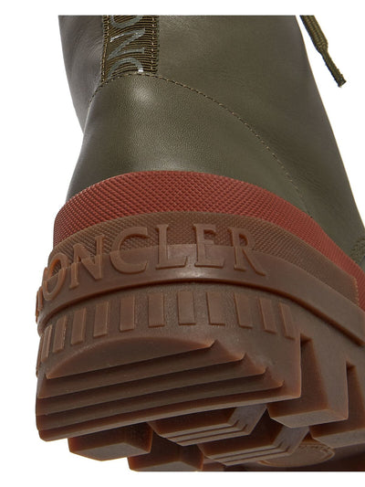 MONCLER Womens Green Pull Tab Logo 2" Platform Buckle Accent Lug Sole Carinne Round Toe Block Heel Lace-Up Leather Combat Boots