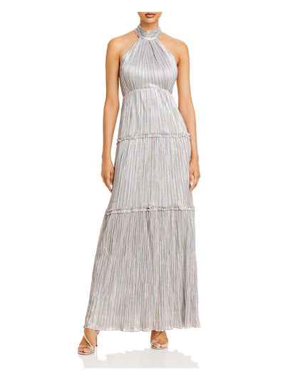 AQUA FORMAL Womens Silver Metallic Textured Tie Neck Striped Sleeveless Halter Full-Length Evening Gown Dress 12