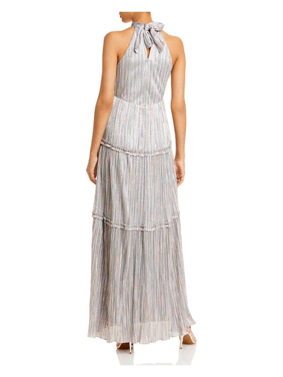 AQUA FORMAL Womens Silver Metallic Textured Tie Neck Striped Sleeveless Halter Full-Length Evening Gown Dress 8