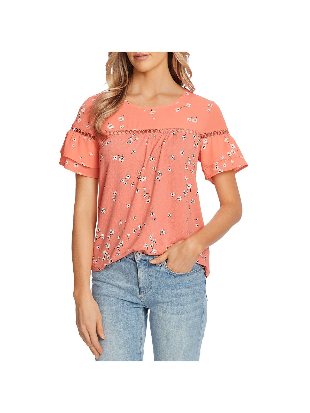 CECE Womens Orange Stretch Cut Out Short Tiered Sleeves Floral Round Neck Top S
