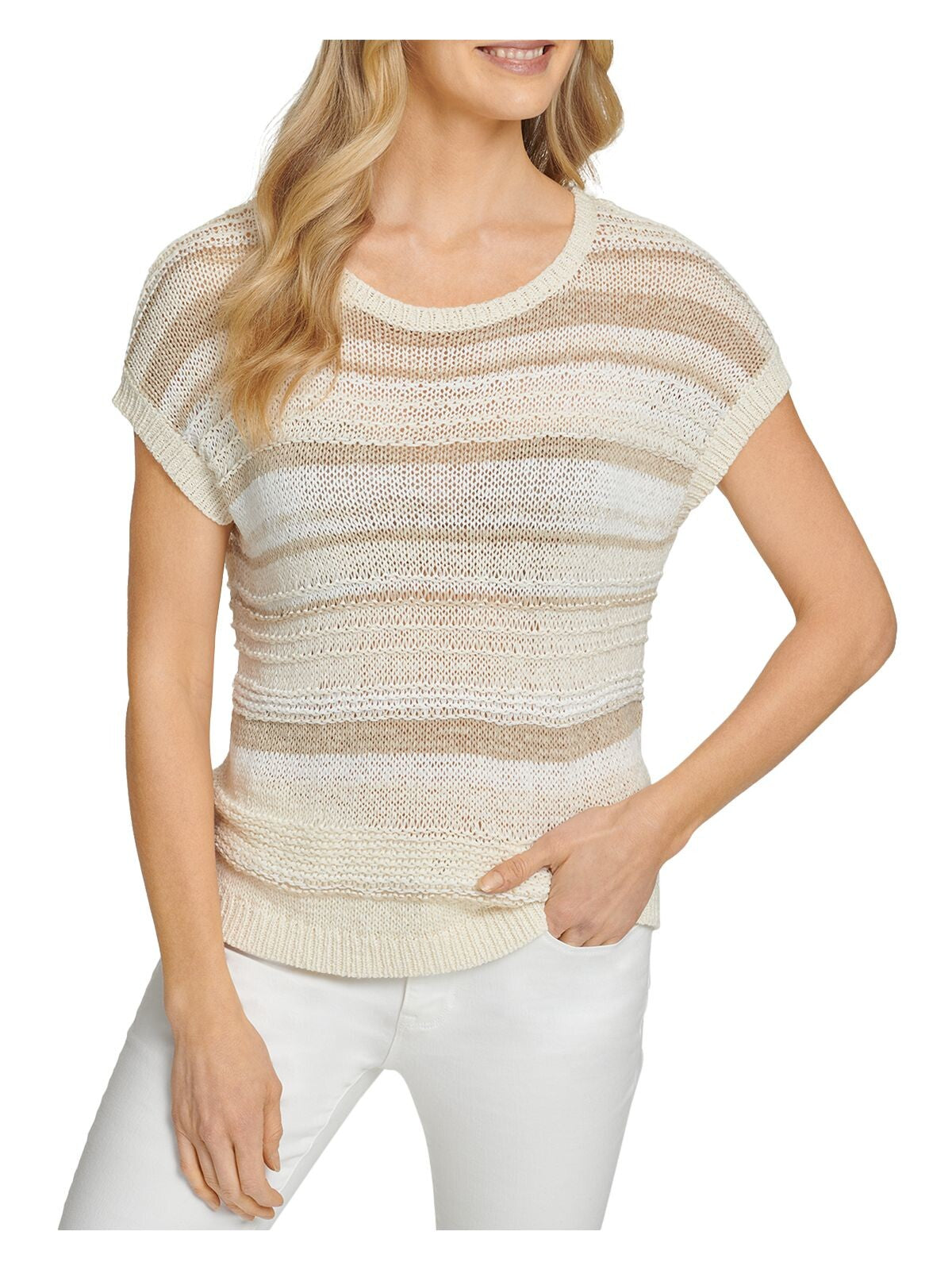 DKNY Womens White Striped Cap Sleeve Jewel Neck Sweater XL