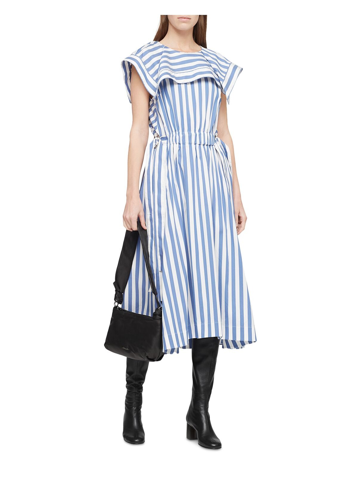 PHILLIP LIN Womens Blue Striped Cap Sleeve Round Neck Midi Fit + Flare Dress 12