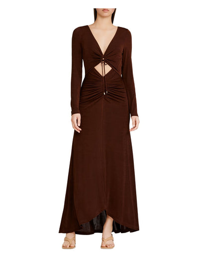 SIGNIFICANT OTHER Womens Brown Cut Out Ruched Drawstring Bust Ring Detail Long Sleeve V Neck Maxi Party Hi-Lo Dress 8