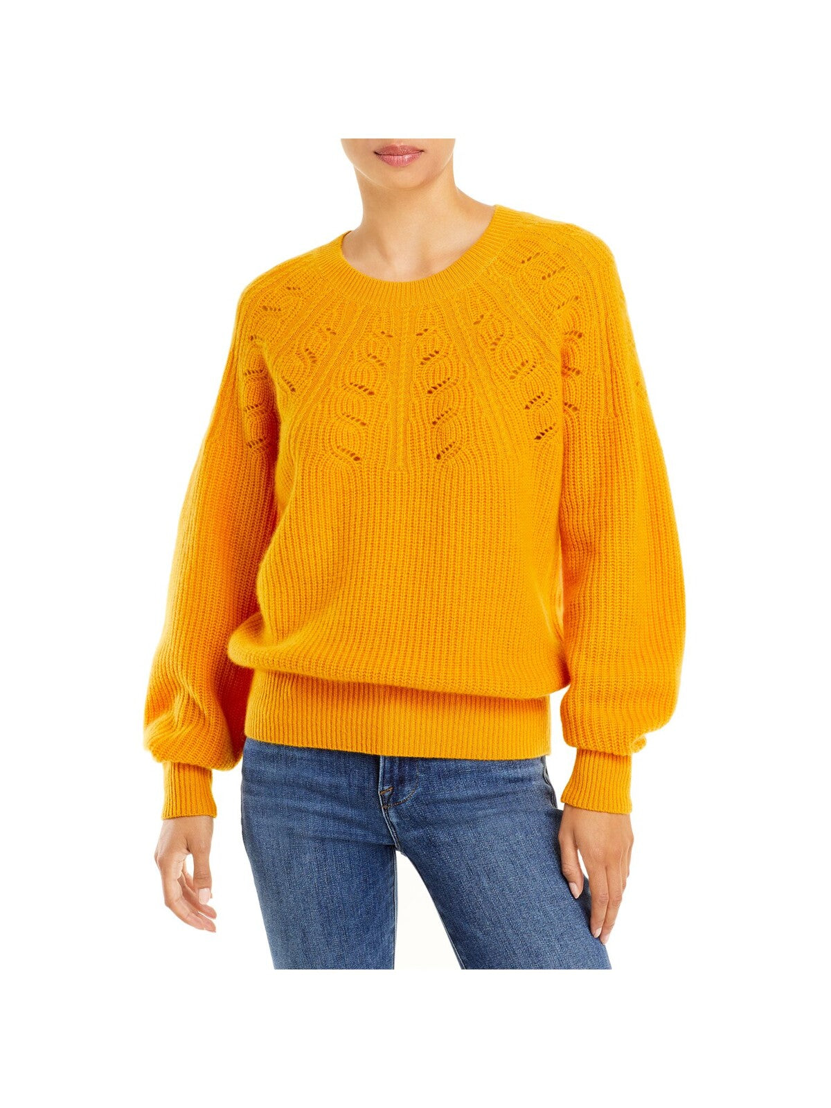 Designer Brand Womens Gold Ribbed Novelty Stitch Banded-hem Balloon Sleeve Round Neck Sweater M