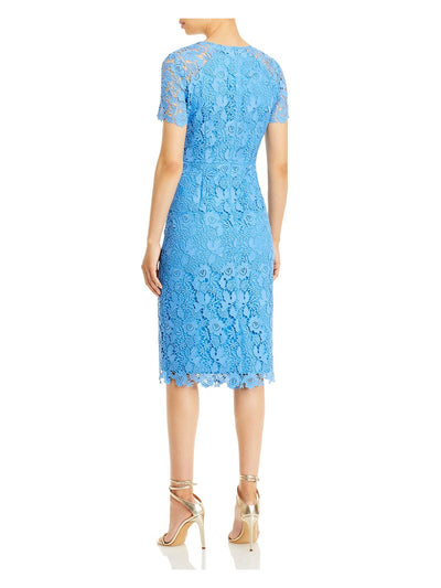 ELIZA J Womens Blue Lace Zippered Fitted Lined Short Sleeve Crew Neck Below The Knee Formal Sheath Dress 6