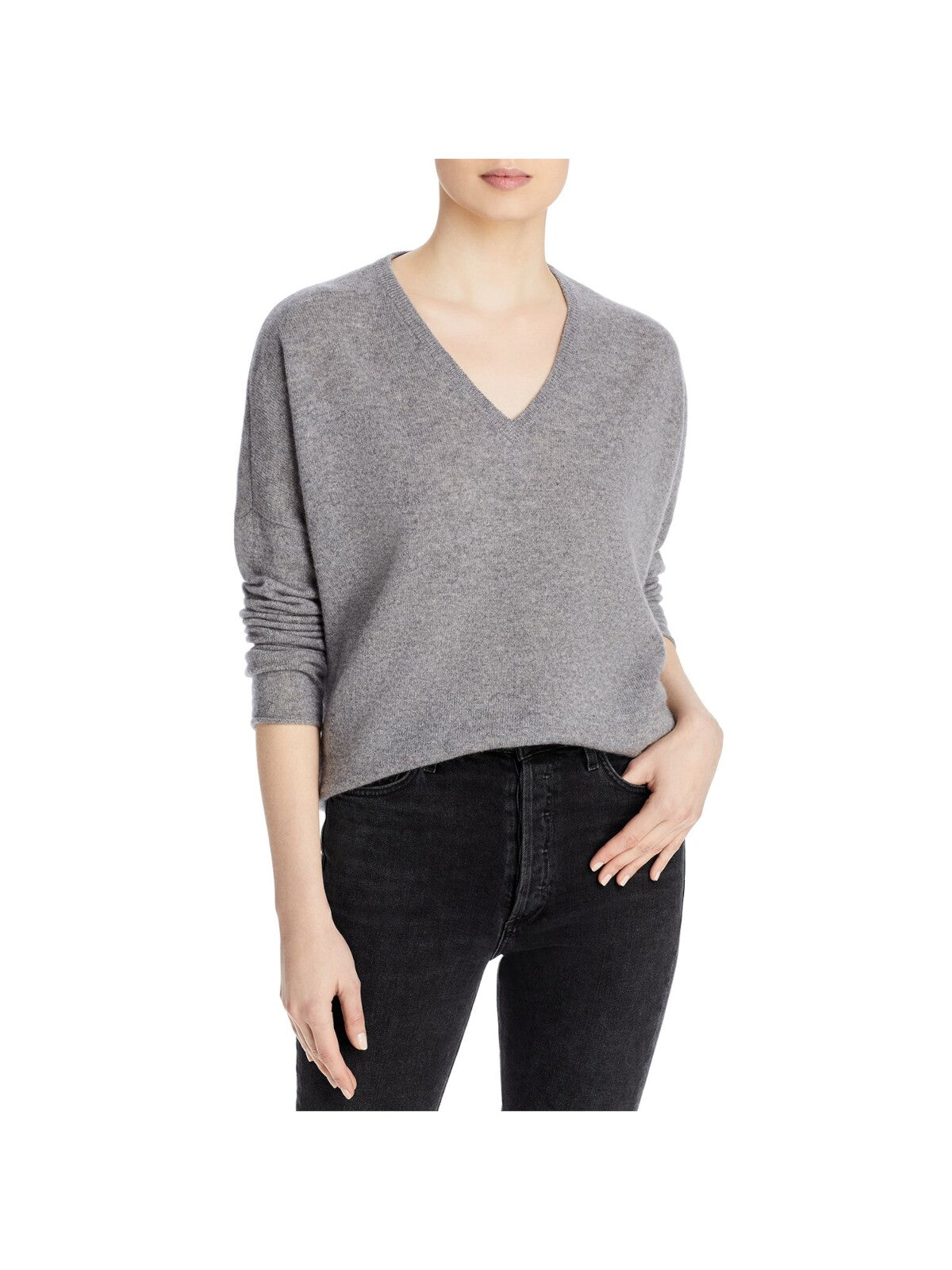 C Womens Gray Cashmere Ribbed Pull Over Style Heather Long Sleeve V Neck Wear To Work Top S