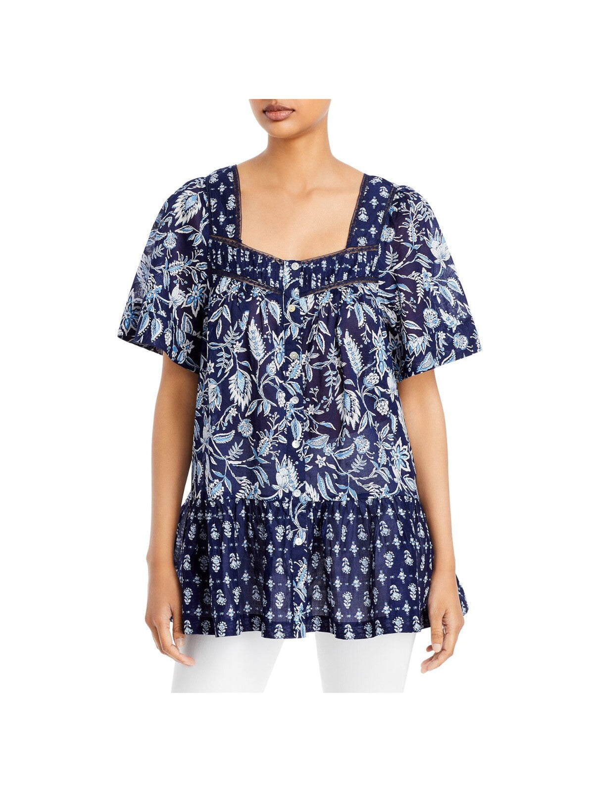 BEACHLUNCHLOUNGE COLLECTION Womens Lace Ruffled Button Down Bell Sleeve Square Neck Top