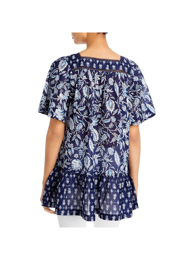 BEACHLUNCHLOUNGE COLLECTION Womens Navy Lace Ruffled Button Down Printed Bell Sleeve Square Neck Top XS
