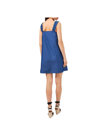 1. STATE Womens Blue Pocketed Ruffle Strap Sleeveless Square Neck Mini Shift Dress XS