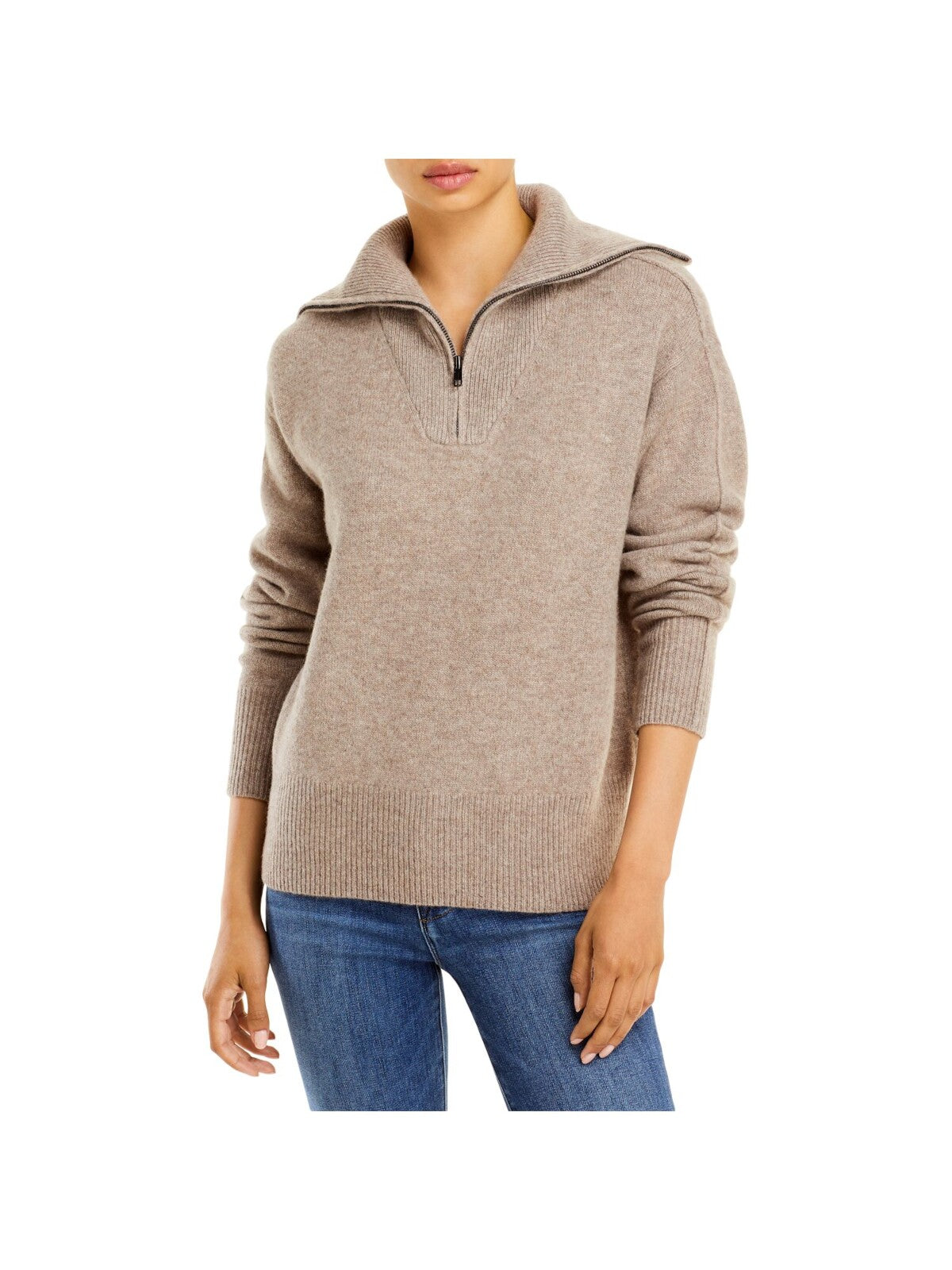 C Womens Brown Ribbed Textured Half-zip Long Sleeve Mock Neck Sweater L