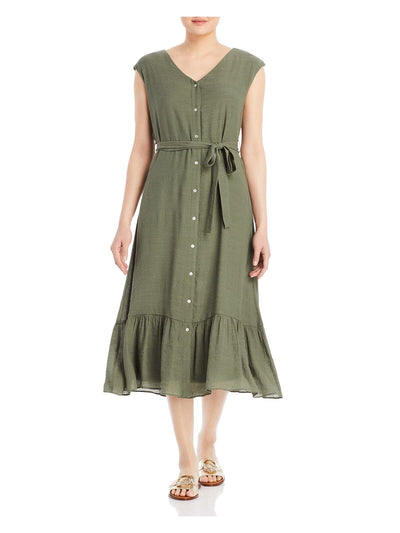 NANETTE LEPORE Womens Green Belted Sleeveless V Neck Midi Fit + Flare Dress 14