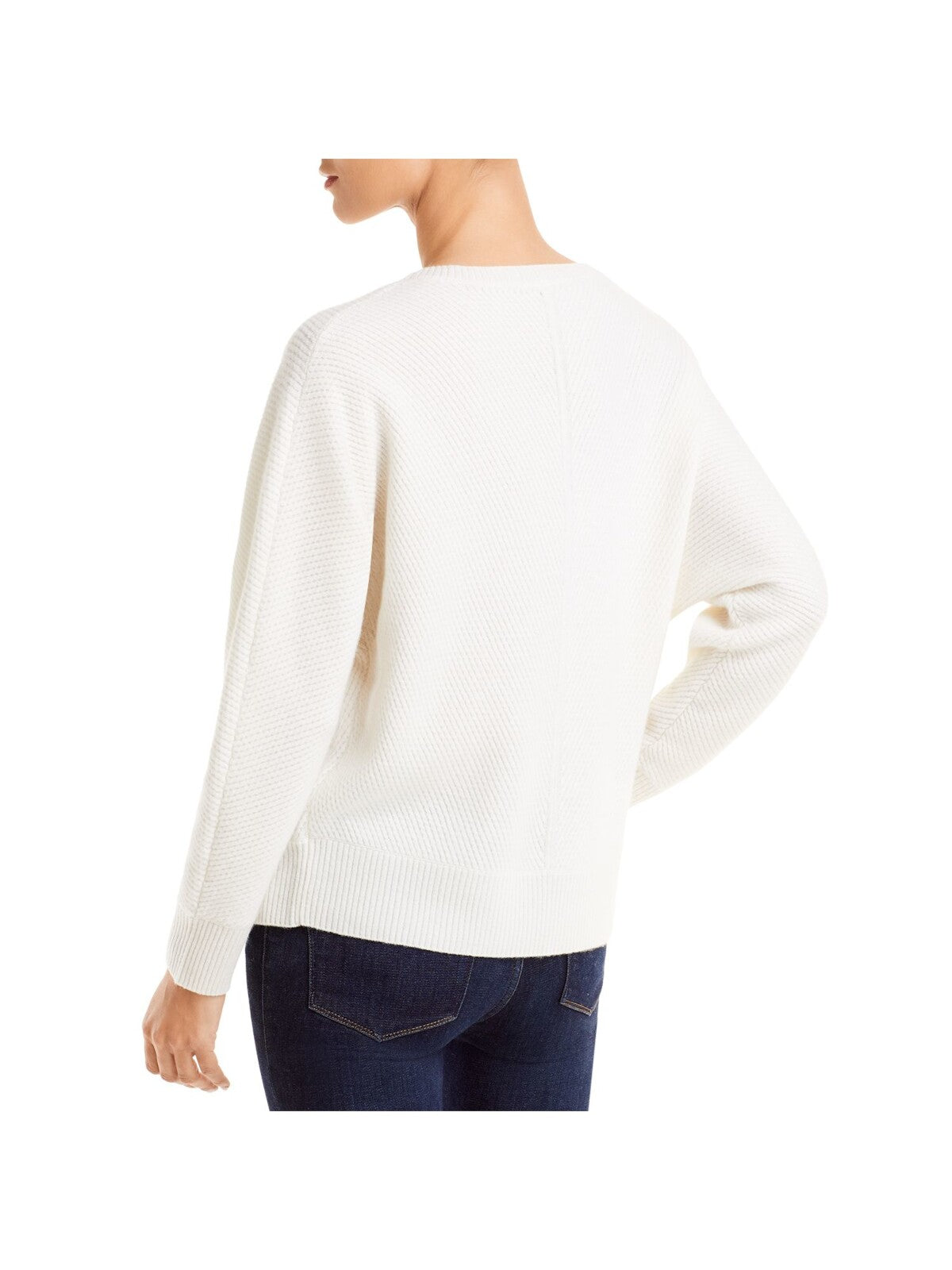 C Womens Ivory Ribbed Textured Novelty Stitch Long Sleeve Scoop Neck Sweater L