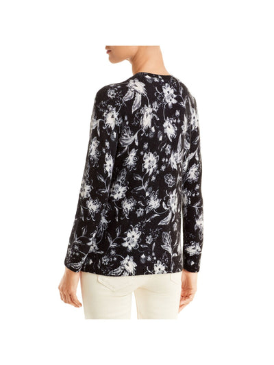 C Womens Black Ribbed Floral Long Sleeve Crew Neck Sweater XS