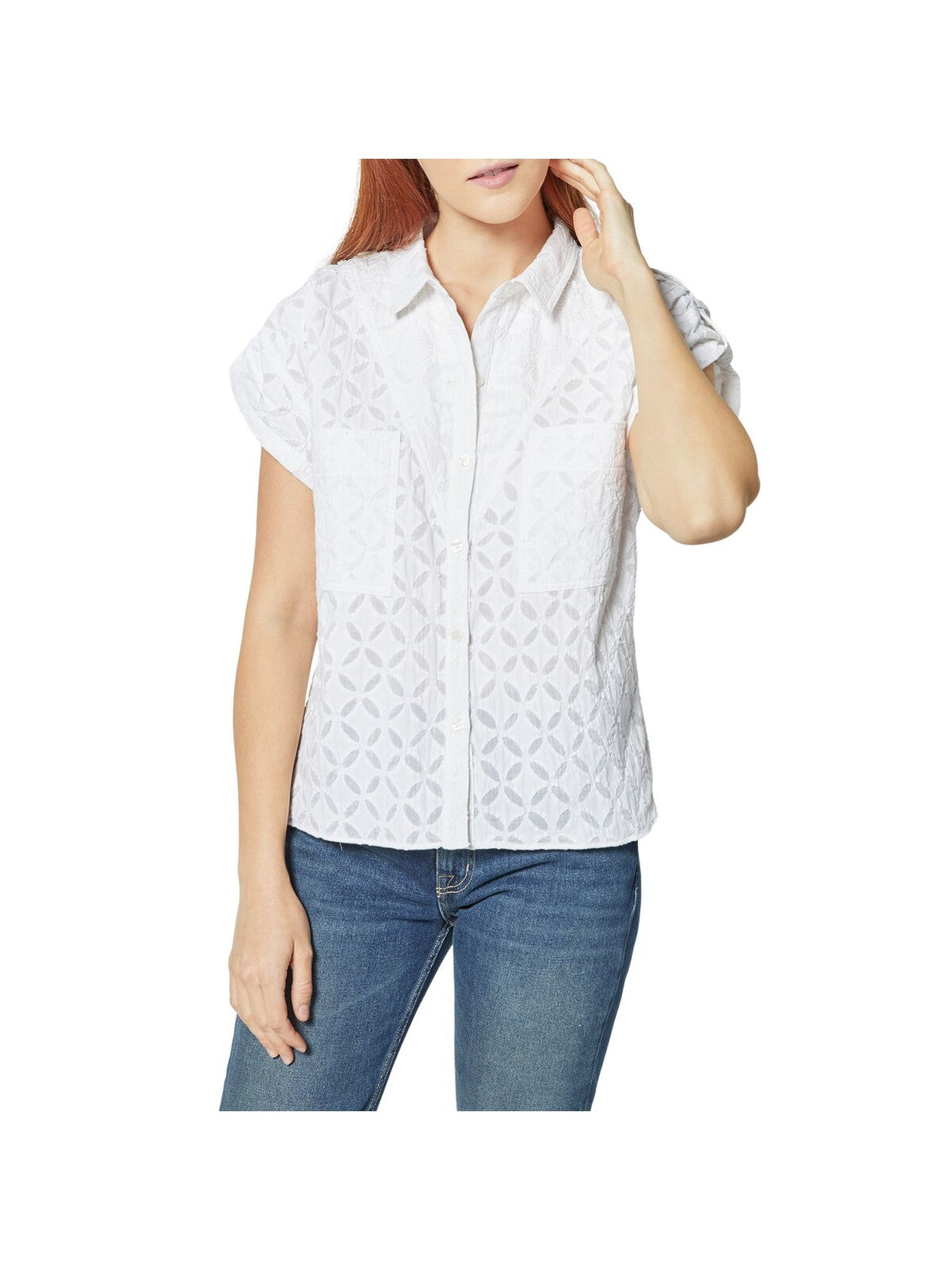 JOIE Womens White Pocketed Textured Shoulder Tabs Geometric Cap Sleeve Collared Wear To Work Button Up Top M