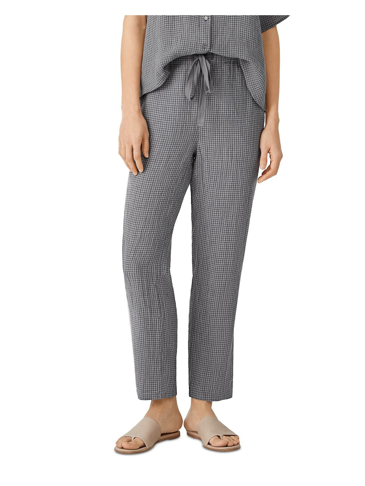 EILEEN FISHER Womens Gray Pocketed Tie Ankle Crop Drawstring Check Straight leg Pants S\P