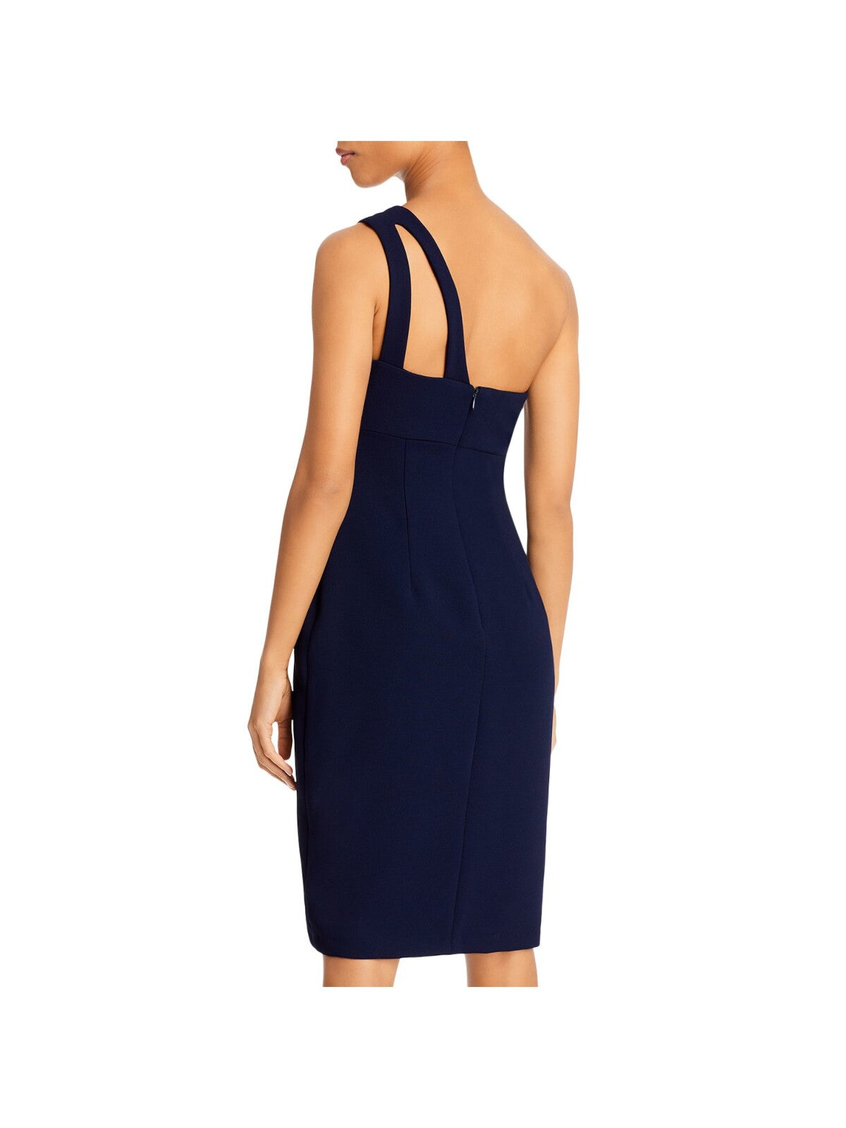 AQUA Womens Navy Textured Zippered Crepe Keyhole Slitted Sleeveless Asymmetrical Neckline Above The Knee Cocktail Sheath Dress 8