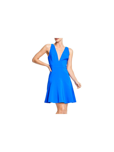 AIDAN AIDAN MATTOX Womens Blue Stretch Zippered Low Cut V-back Sleeveless V Neck Short Cocktail Fit + Flare Dress 8