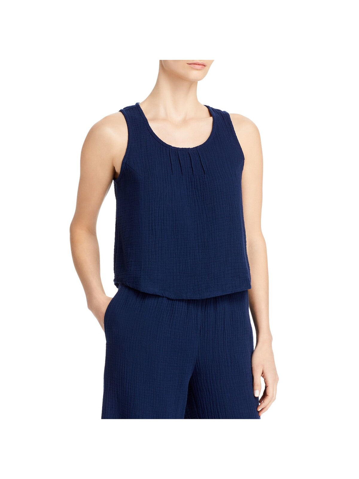 THREE DOTS Womens Navy Textured Double Gauze Pintuck Front Sleeveless Scoop Neck Tank Top L