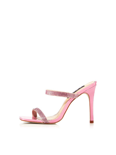 AQUA Womens Pink Double Band Rhinestone Stretch Lexa Square Toe Stiletto Slip On Dress Sandals Shoes M
