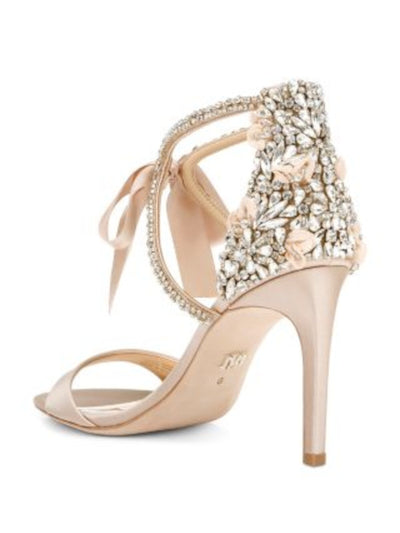 BADGLEY MISCHKA Womens Beige Padded Embellished Beaded Bonita Round Toe Stiletto Lace-Up Dress Heeled Sandal 9.5