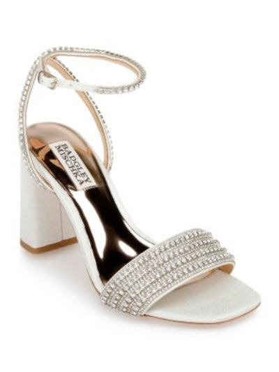 BADGLEY MISCHKA Womens Ivory Mixed Media Metallic Ankle Strap Embellished Padded Becca Square Toe Block Heel Buckle Dress Heeled Sandal 8.5