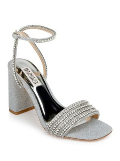 BADGLEY MISCHKA Womens Silver Mixed Media Metallic Ankle Strap Embellished Padded Becca Square Toe Block Heel Buckle Dress Heeled Sandal 7.5 M