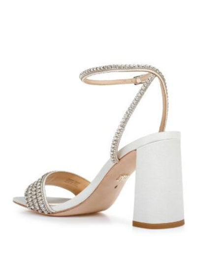 BADGLEY MISCHKA Womens Ivory Mixed Media Metallic Ankle Strap Embellished Padded Becca Square Toe Block Heel Buckle Dress Heeled Sandal 5