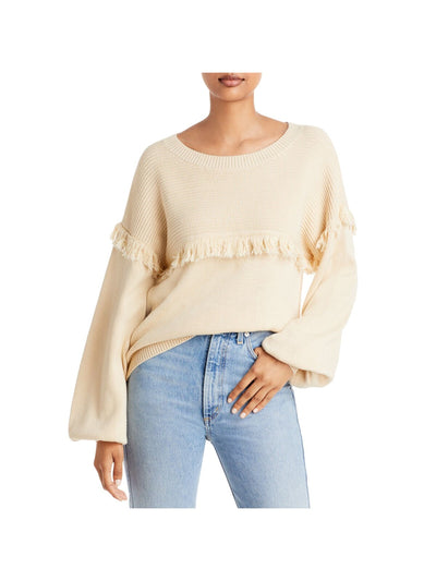 JOIE Womens Beige Fringed Ribbed Pullover Blouson Sleeve Round Neck Wear To Work Sweater XS