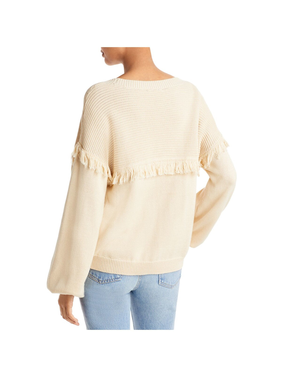 JOSIE Womens Beige Fringed Ribbed Pullover Blouson Sleeve Round Neck Wear To Work Sweater S