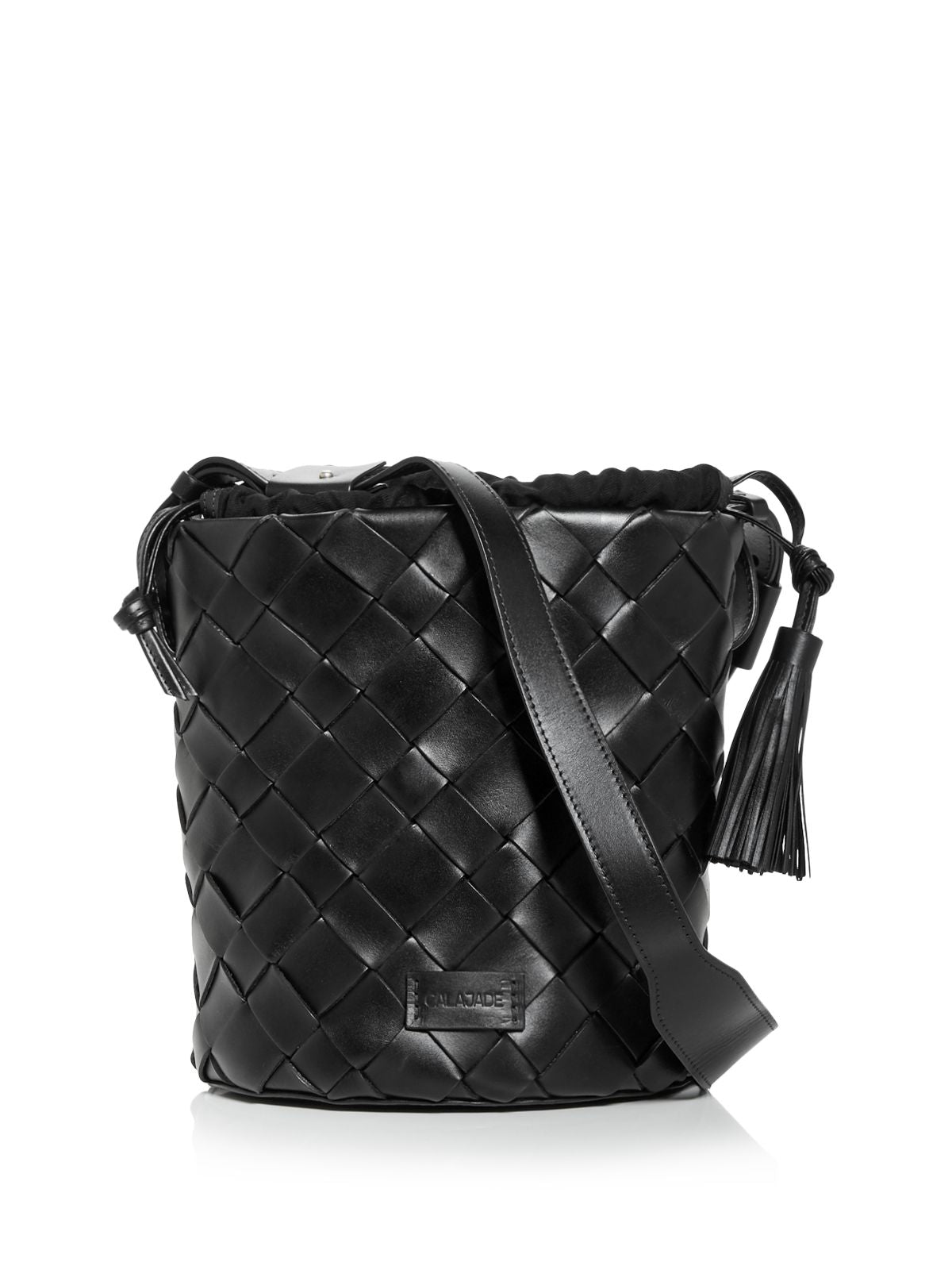 CALAJADE Women's Black Solid Leather Adjustable Removable Drawstring Bag Single Strap Bucket Bag