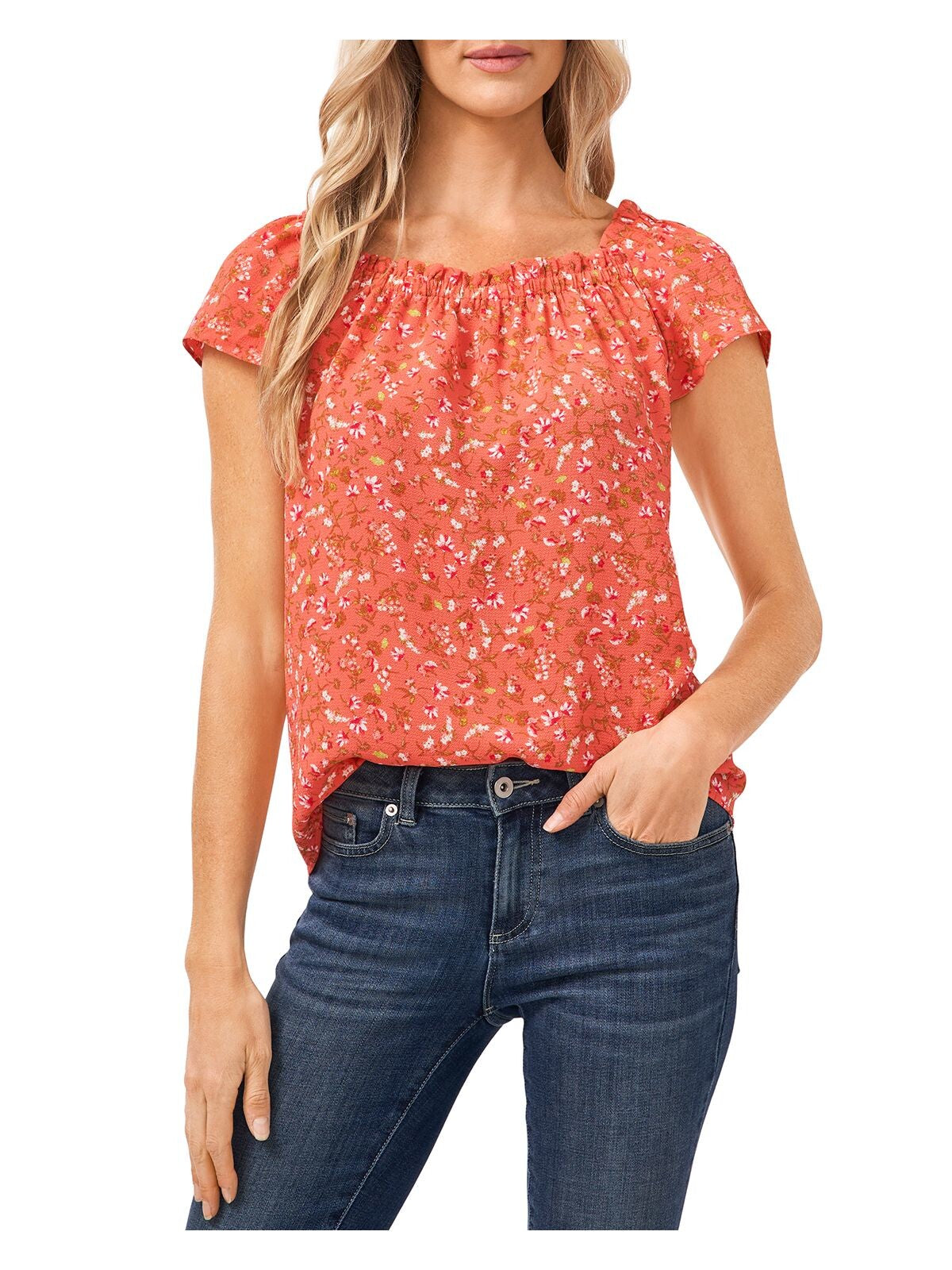 CECE Womens Coral Stretch Ruffled Convertible Floral Short Sleeve Off Shoulder Blouse XS