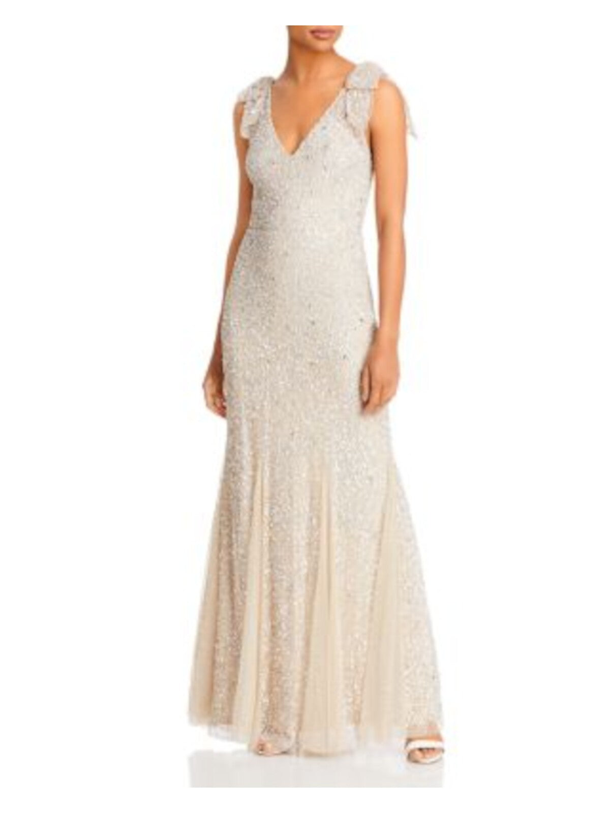 AIDAN MATTOX Womens White Beaded Sequined Double V-neck With Bows Sleeveless Full-Length Formal Gown Dress 0