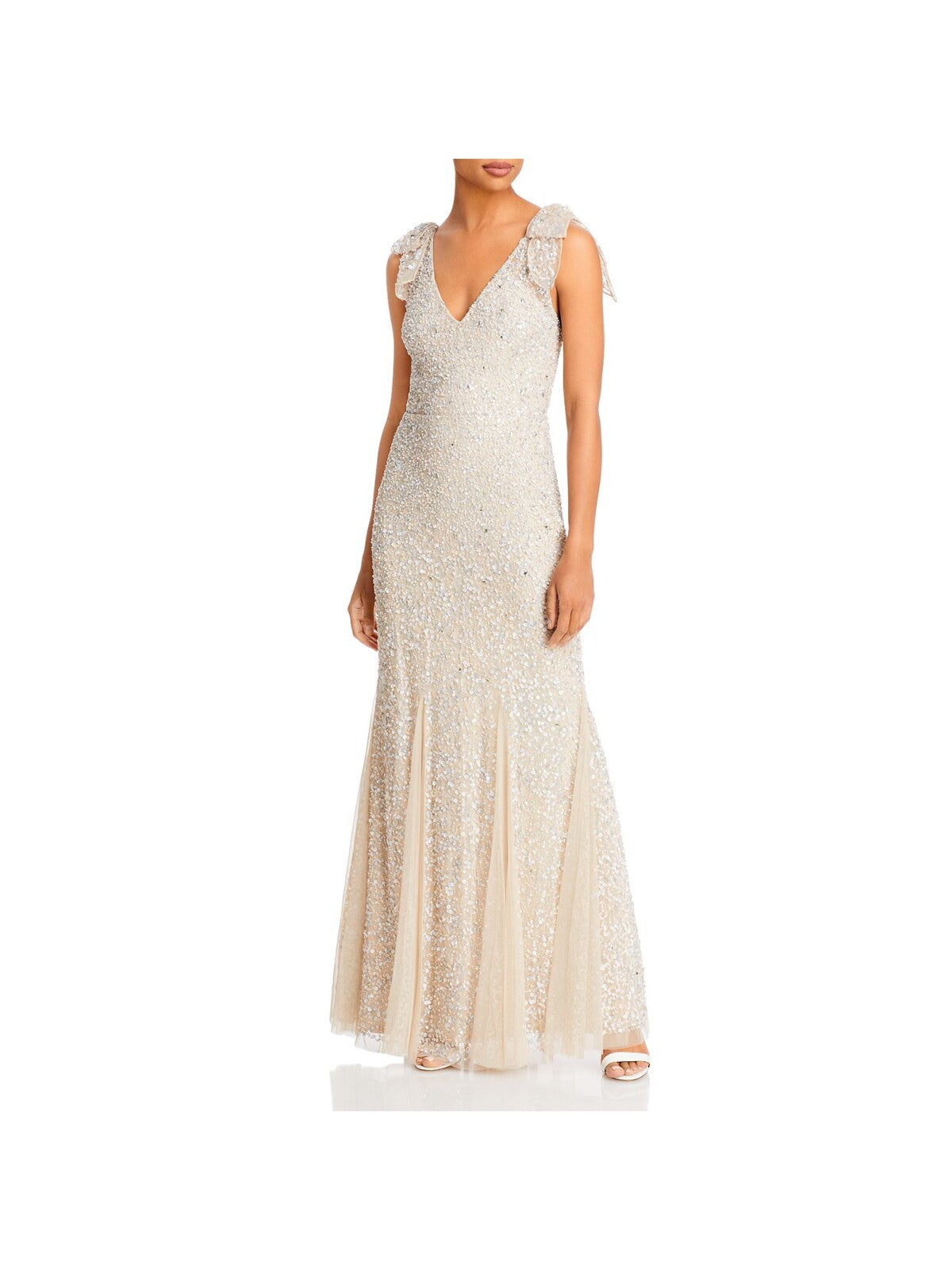 AIDAN MATTOX Womens Beige Beaded Sequined Double V-neck With Bows Sleeveless Full-Length Formal Gown Dress 4